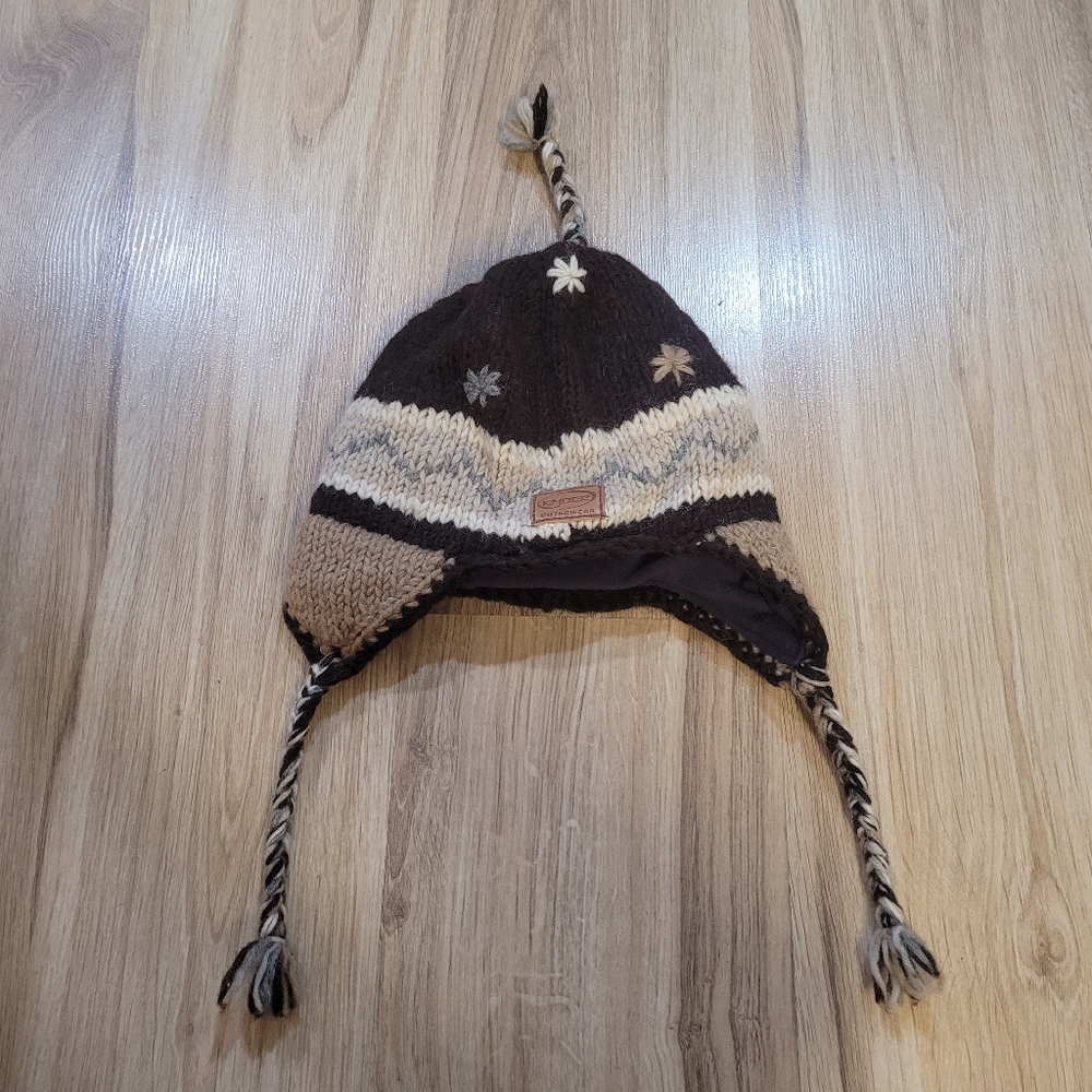 Kyber Outerwear Winter Hat Nepal Ear Flap 100% Wool Fleece Lined Brown Tassels